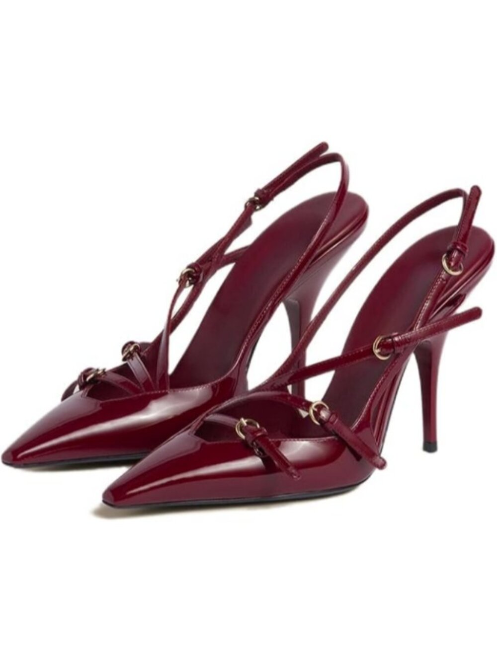 Women Pointed Closed Toe Pumps Low Stiletto Heels With Buckle Shoes Burgundy